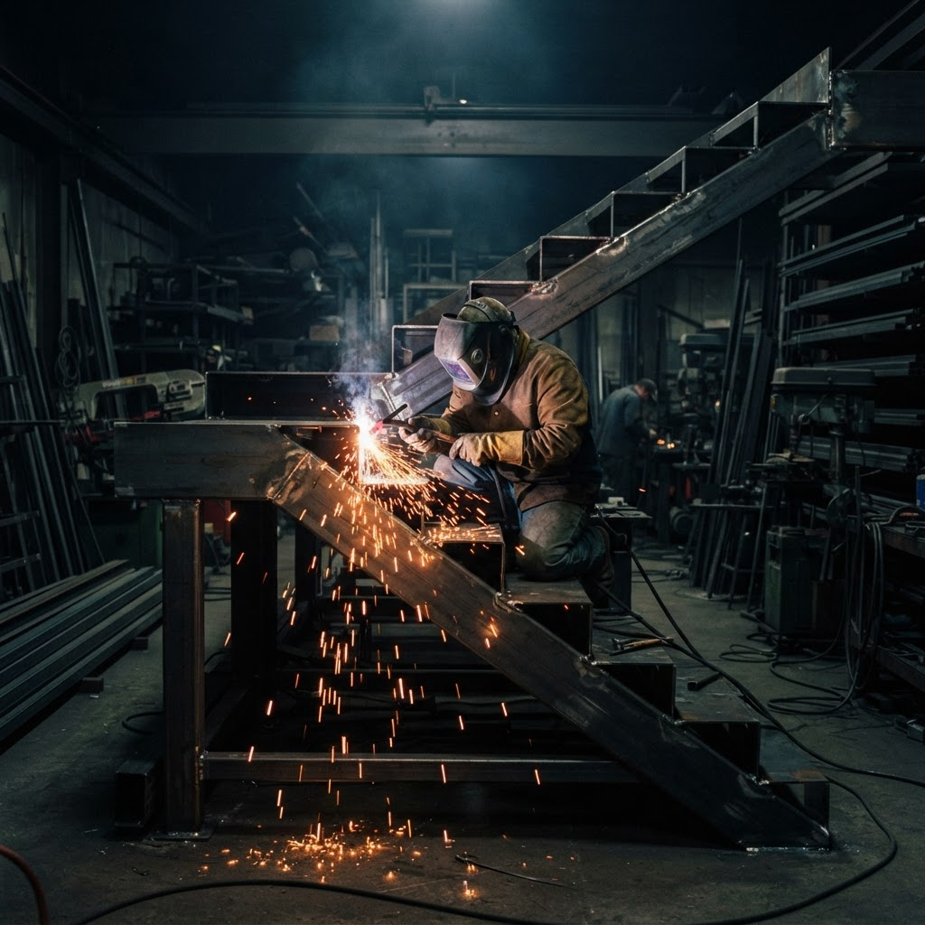 Welder fabricating a custom steel staircase with sparks flying
